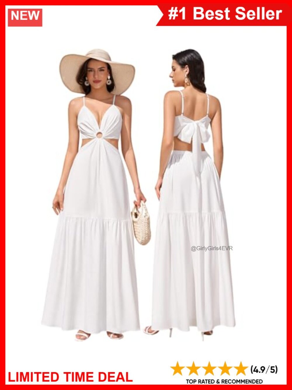 Flowy Maxi Dress V Neck Cutout Tie Back Boho Beach Vacation Sundress